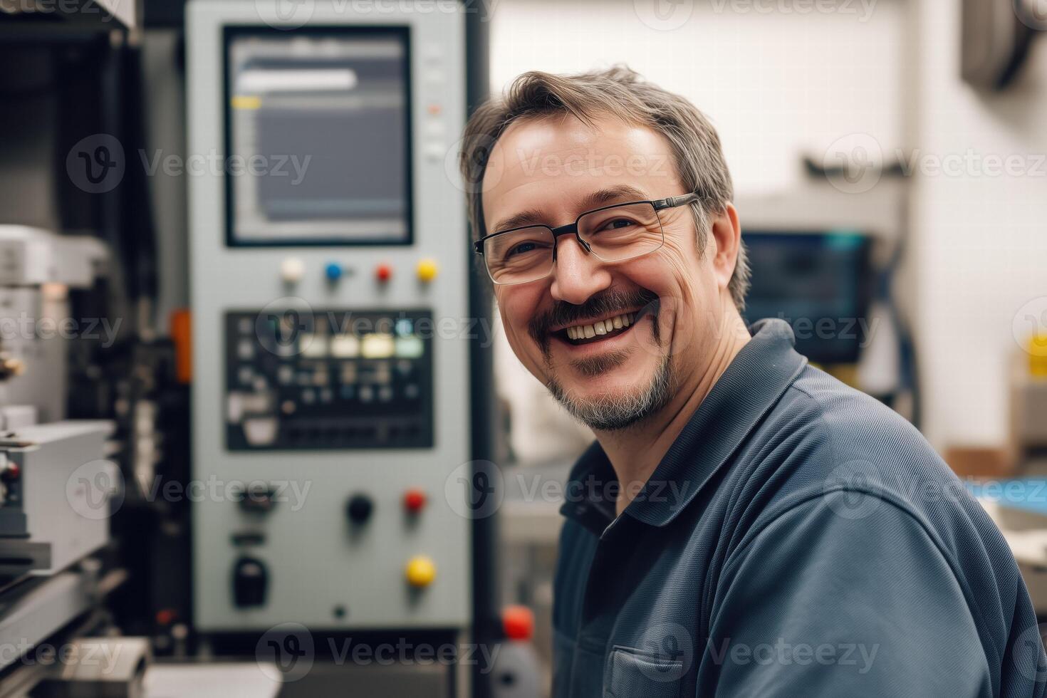 A smiling CNC machine operator with glasses in a workshop setting, working on machinery. He appears friendly and engaged, surrounded by industrial equipment and a control panel in the background. photo