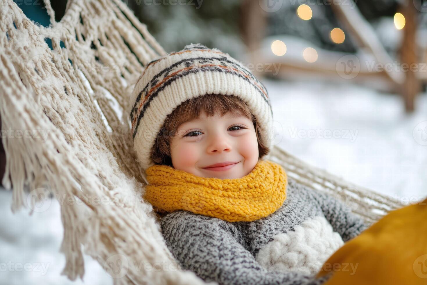 A little boy in a winter hat and scarf sitting in a hammock photo