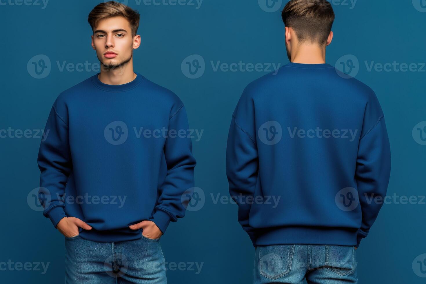 Two men in blue sweatshirts standing side by side photo