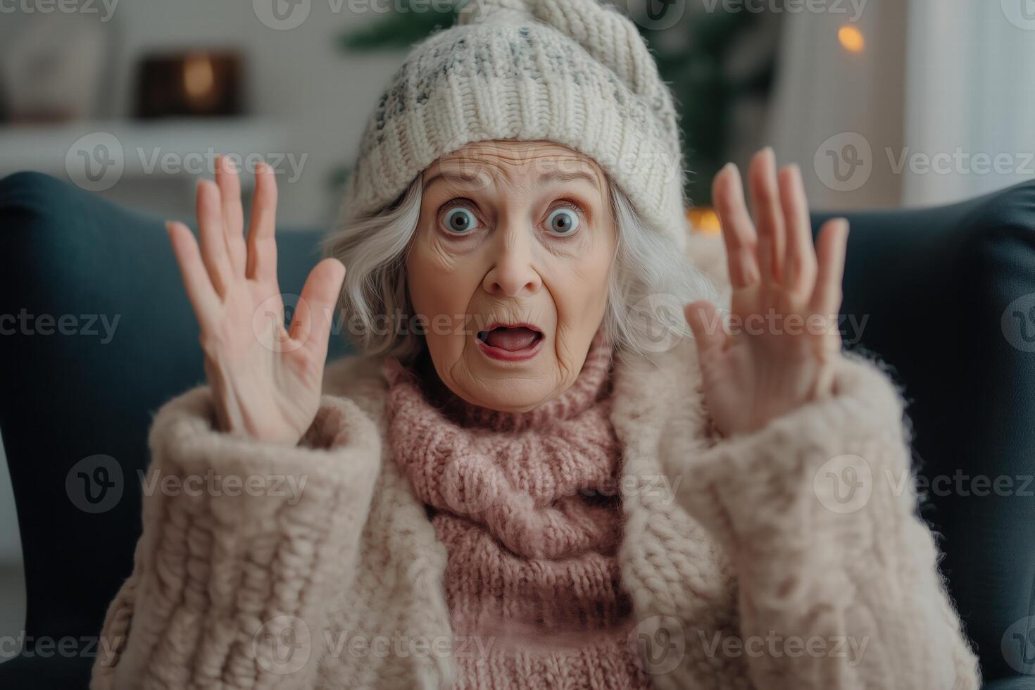 An older woman in a knitted hat is surprised photo