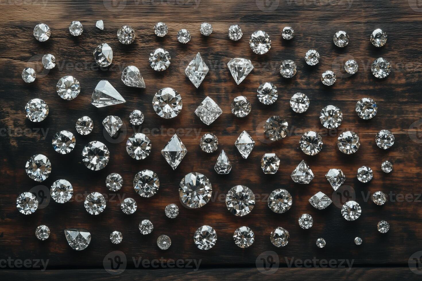 A collection of various sparkling gemstones arranged on a wooden surface, showcasing different shapes and sizes, reflecting light beautifully. photo