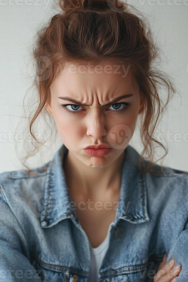 A young woman with curly hair and an intense expression, wearing a denim jacket. She has her arms crossed and appears to be upset or angry, with a furrowed brow and pursed lips. photo