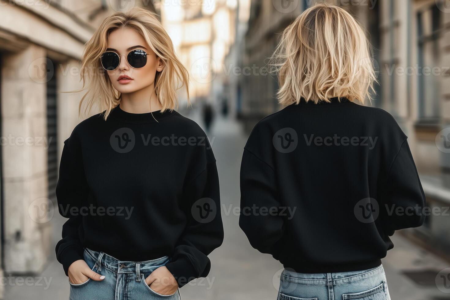 Two women wearing black sweatshirts and sunglasses mockup photo