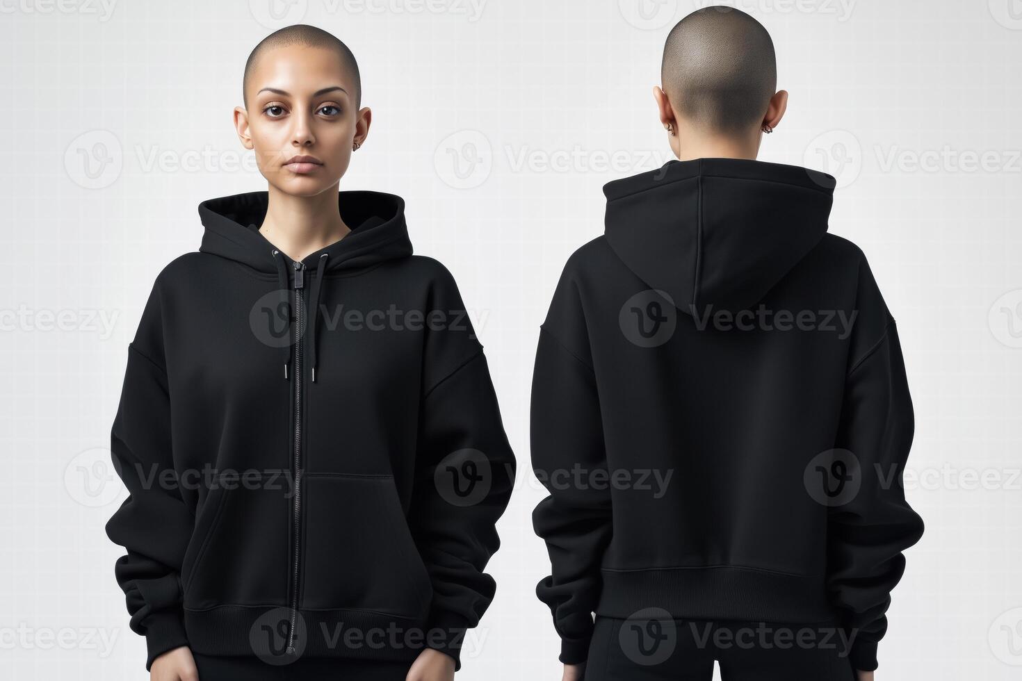 Two women wearing black hoodies with hoods photo