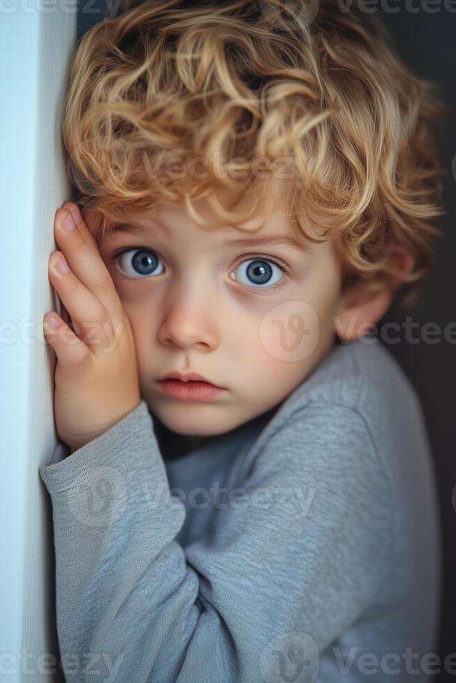 A young boy with blue eyes leaning against a wall photo