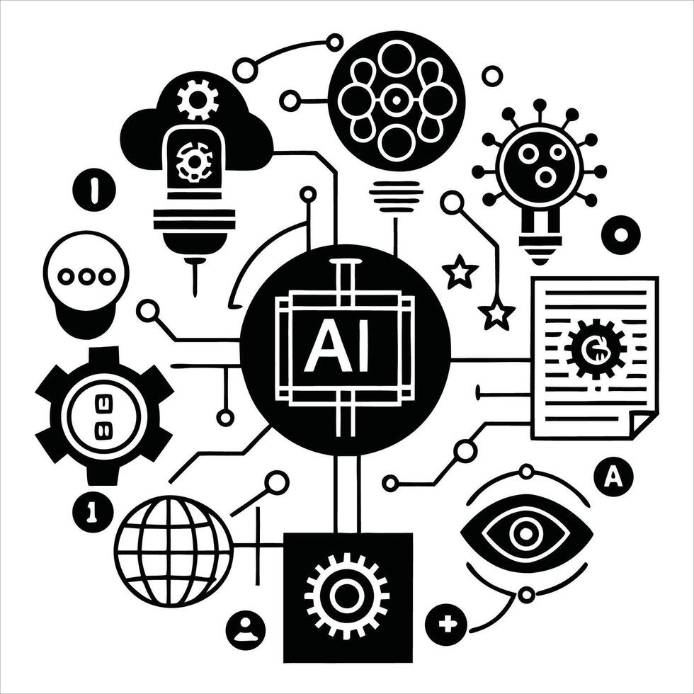 A black and white illustration of ai and other technology vector