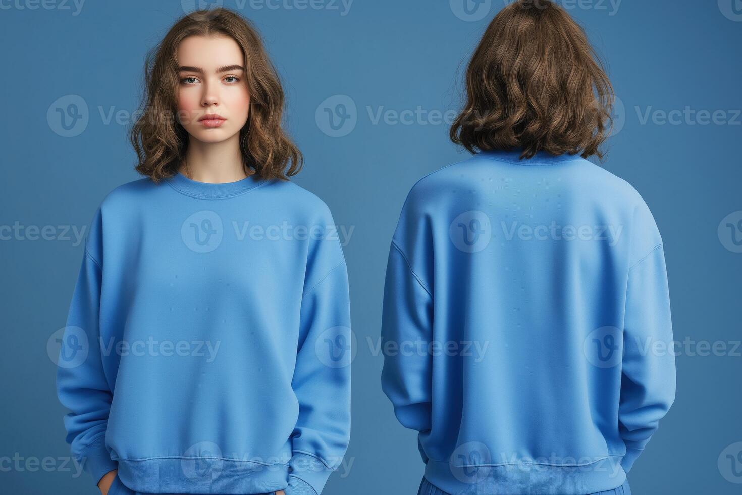 Two women wearing blue sweatshirts mockup photo