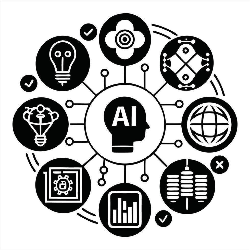 A black and white illustration of ai and other icons vector