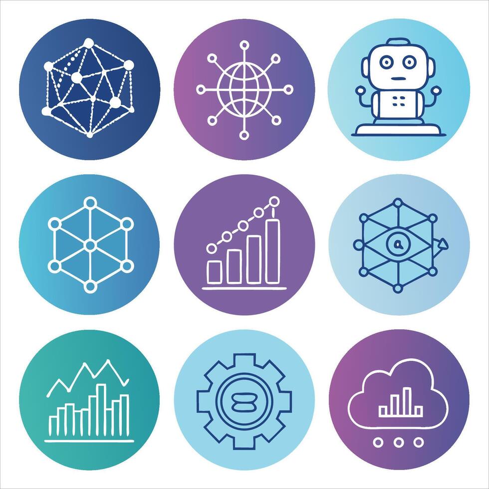 un conjunto de ocho íconos ese incluir un robot, un grafico, y un nube vector