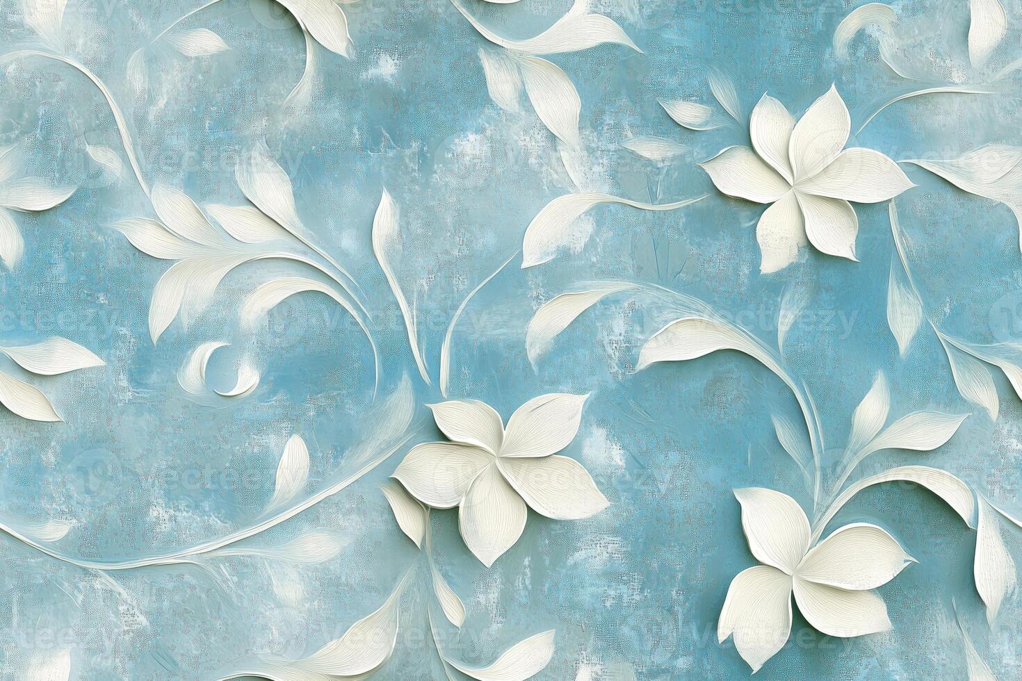 A blue and white floral wallpaper with white flowers photo