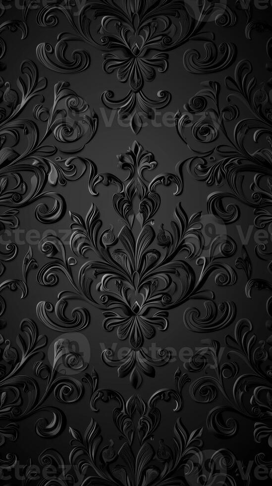 A textured black wallpaper featuring intricate floral patterns and swirls, creating a sophisticated and elegant design. photo