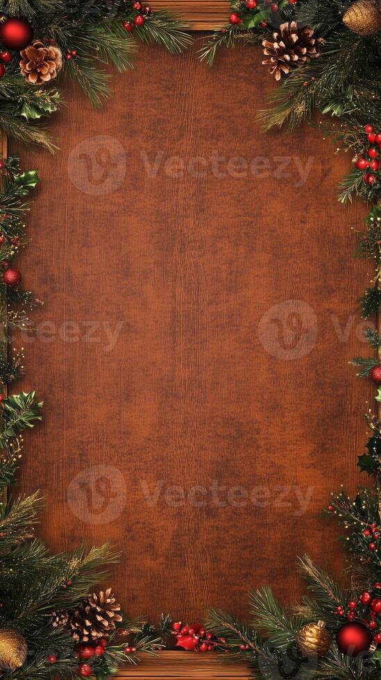 A rustic wooden background framed with festive Christmas decorations including pine branches, red and gold ornaments, pine cones, and holly leaves. Christmas texture background. photo