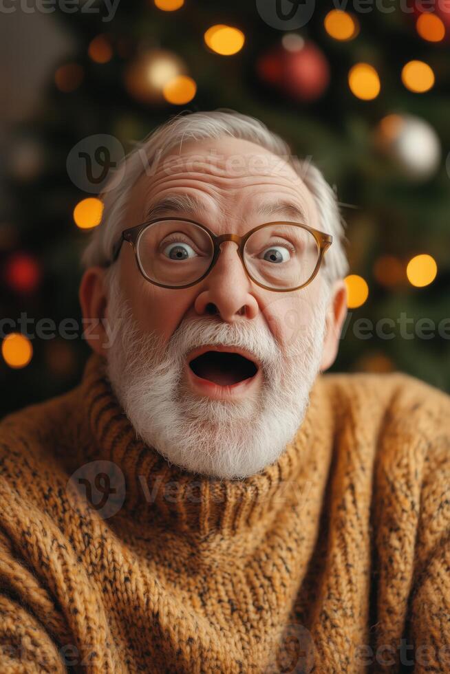 An old man with glasses and a sweater is looking surprised photo