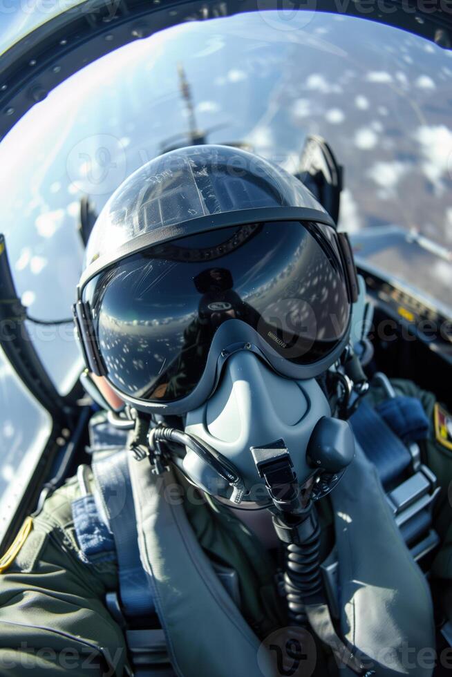 A man in a fighter jet with goggles on photo