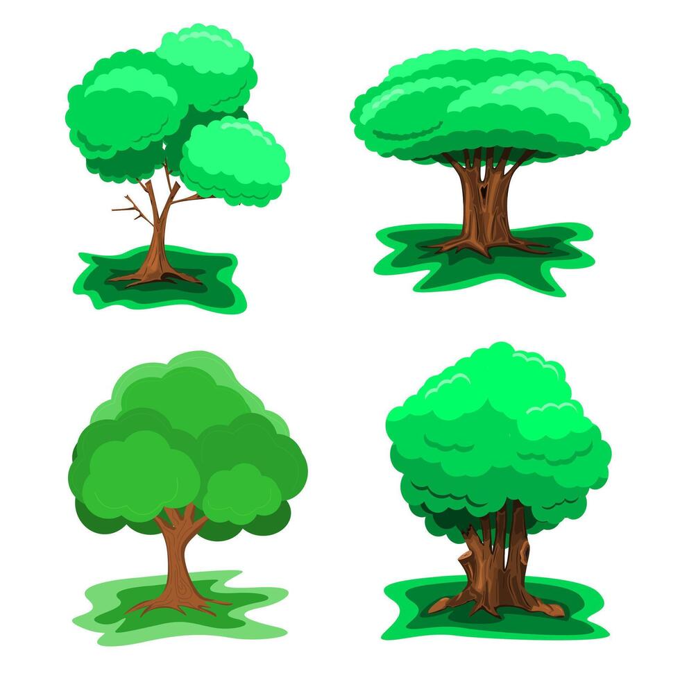 Tree on white background with green grass and shadow. vector