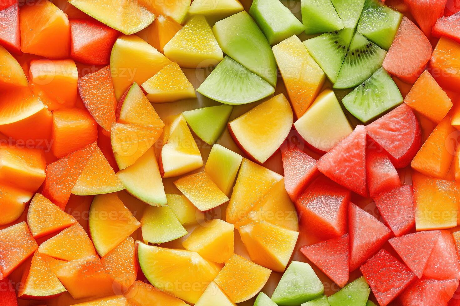 A colorful assortment of diced fruits including watermelon, cantaloupe, honeydew, and kiwi, arranged in a vibrant pattern. photo