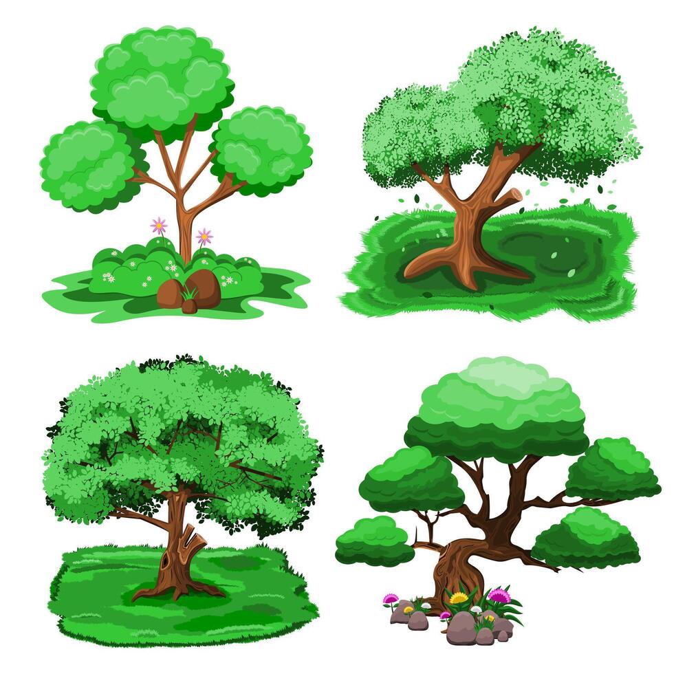trees on a white background illustration with grass and rock. vector