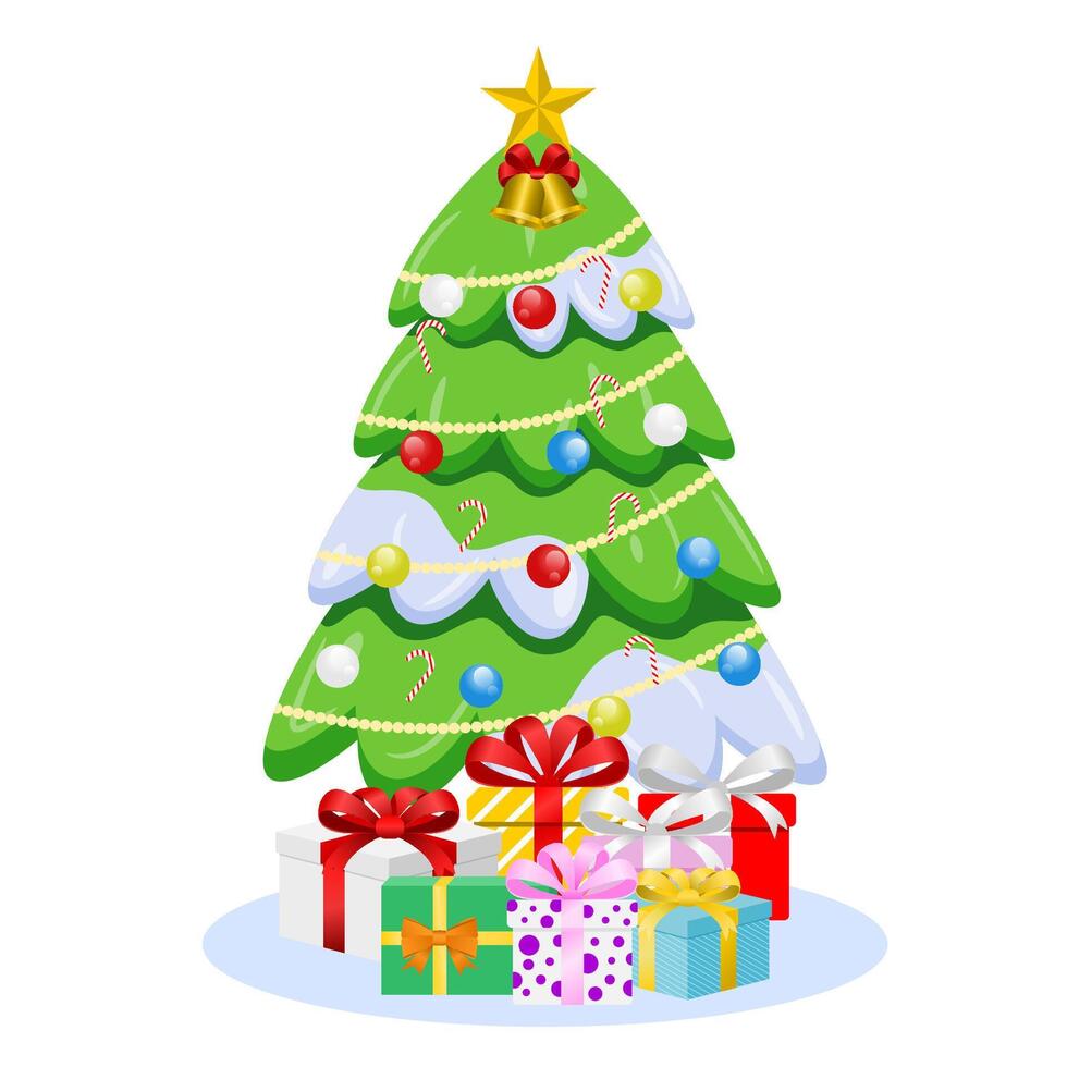 Christmas tree with decoration and gift boxes. vector