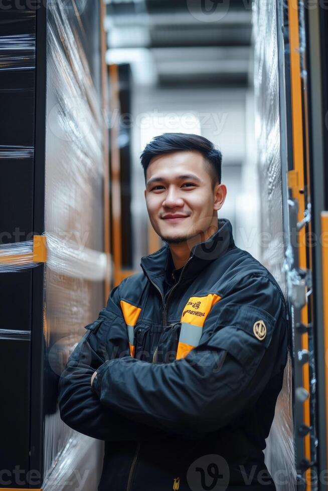 A man in a black jacket and yellow vest standing in a warehouse photo