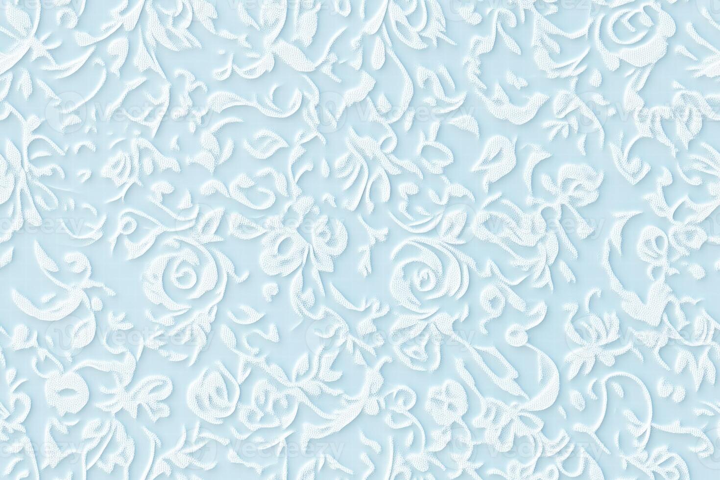 Seamless delicate floral lace pattern on a light blue background, featuring intricate swirls and rose motifs, creating a soft and elegant texture. Wedding texture background. photo