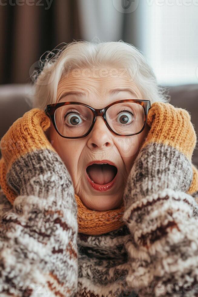 An older woman wearing glasses and a sweater is surprised photo