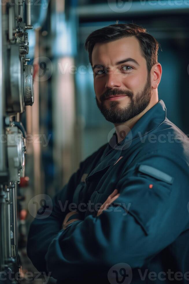 A confident male technician service engineer in a blue work uniform stands with crossed arms in a modern industrial setting, featuring machinery and equipment in the background. photo