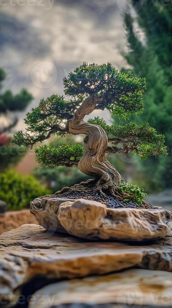 A beautifully shaped bonsai tree with lush green foliage, perched on a textured stone base. The tree has a twisted trunk and is set against a blurred natural background, creating a serene atmosphere. photo