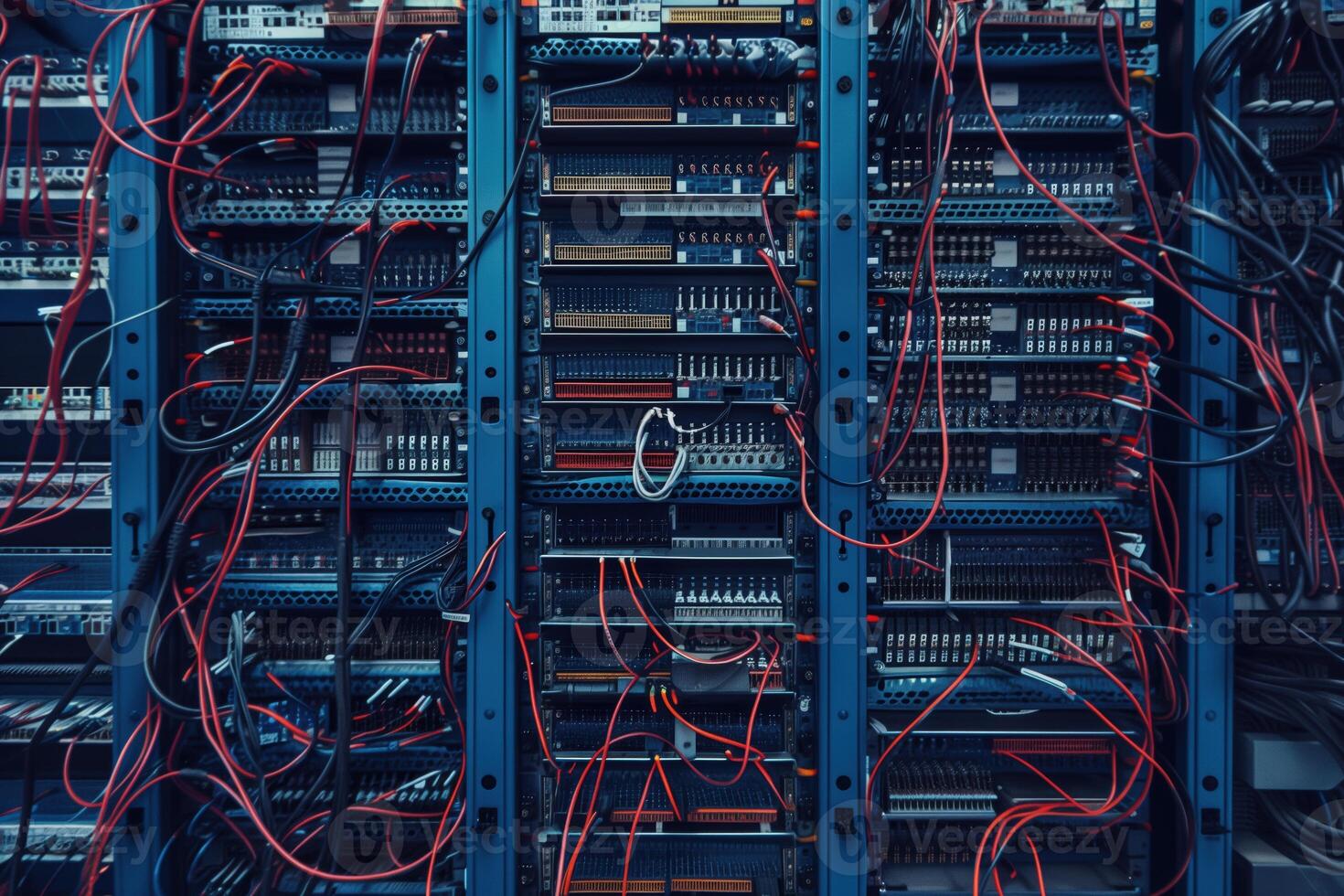 Server rack filled with numerous circuit boards and tangled wires, showcasing a complex network of connections and technology. photo