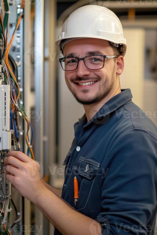 A young technician electrician wearing a hard hat and glasses, smiling while working on electrical equipment. The background shows wires and machinery, indicating a technical environment. photo