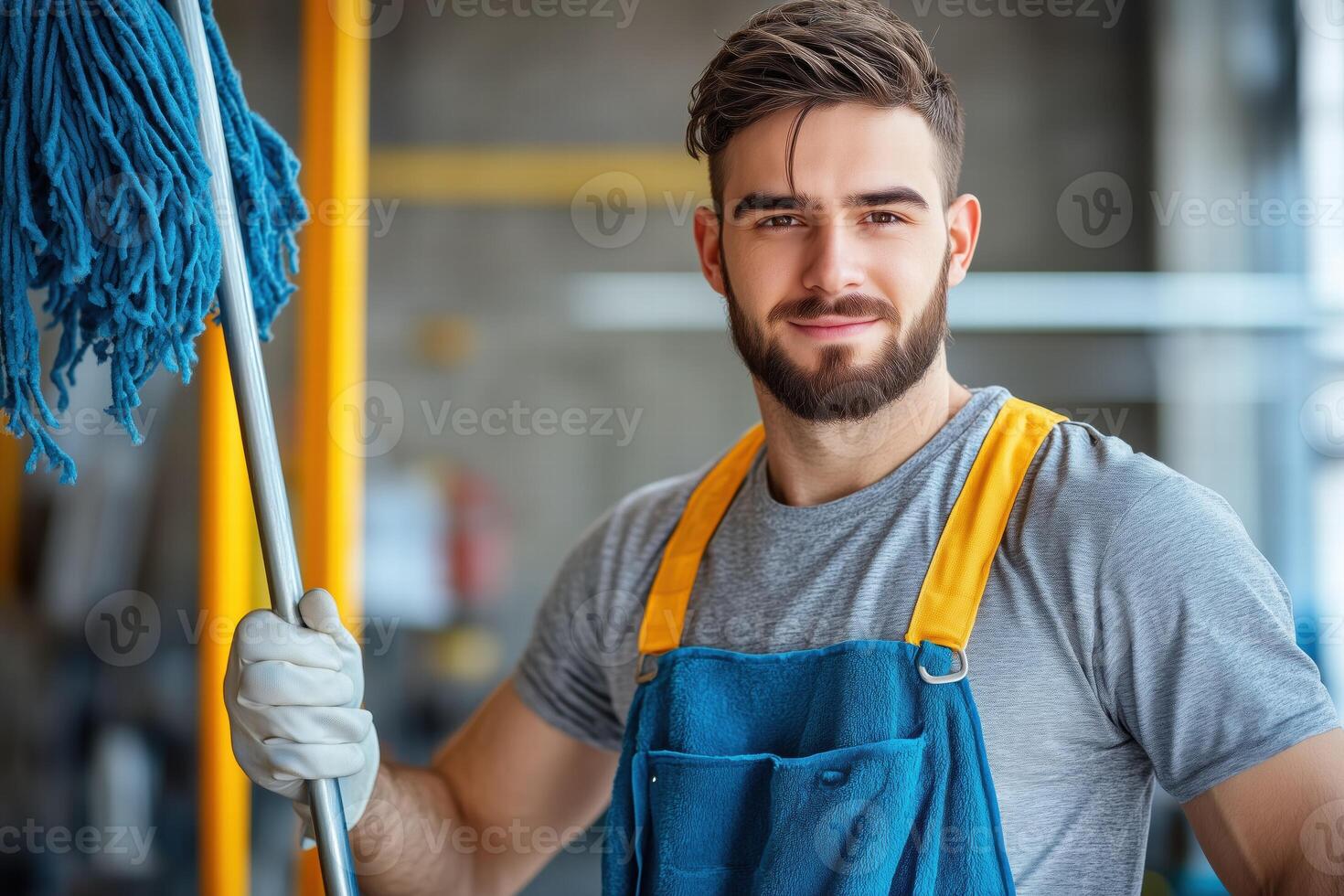 A man in an apron holding a mop photo