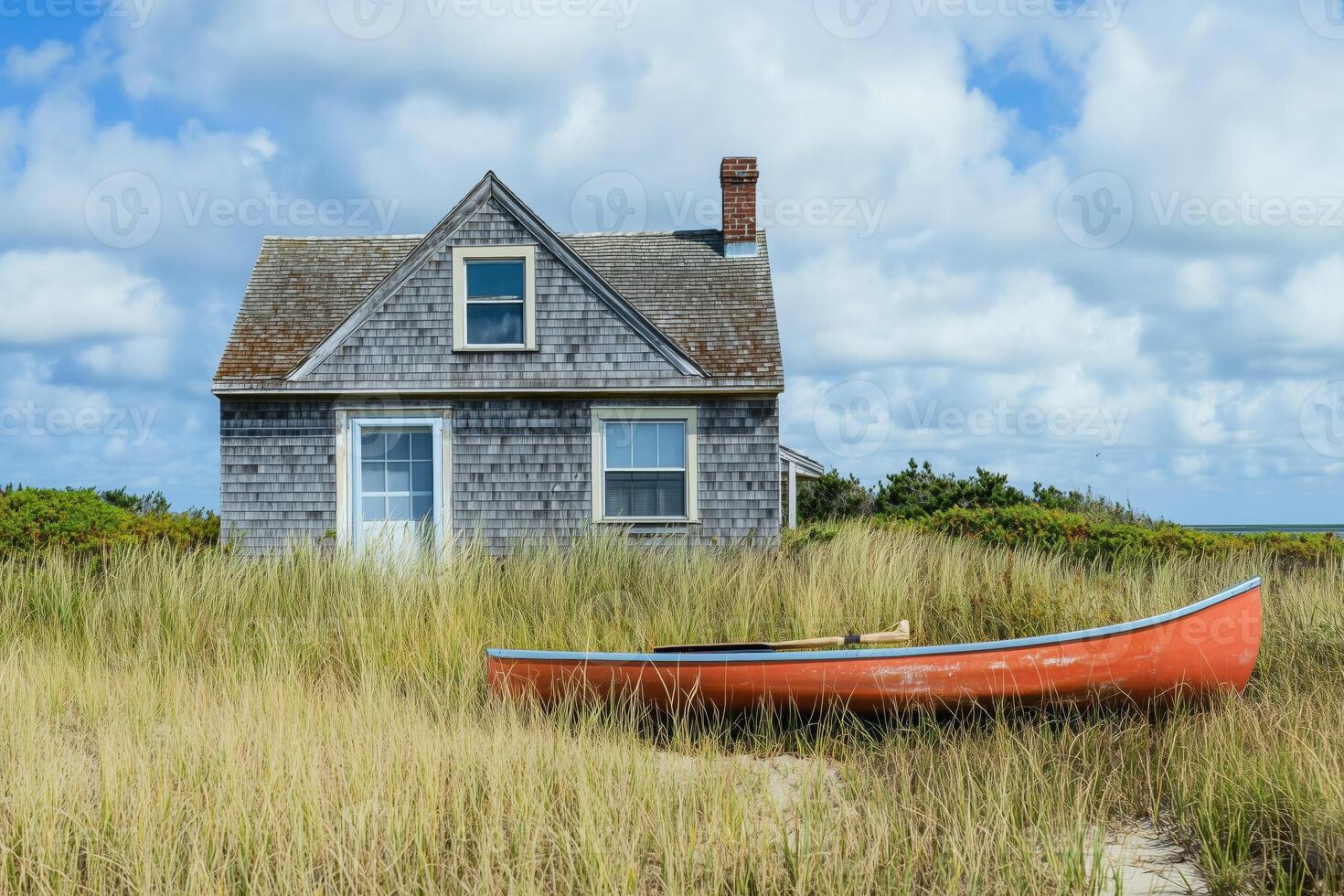 A quaint wooden cape cod house with a gray shingle exterior sits amidst tall grass, with a bright orange canoe resting nearby. The sky is partly cloudy, creating a serene coastal atmosphere. photo