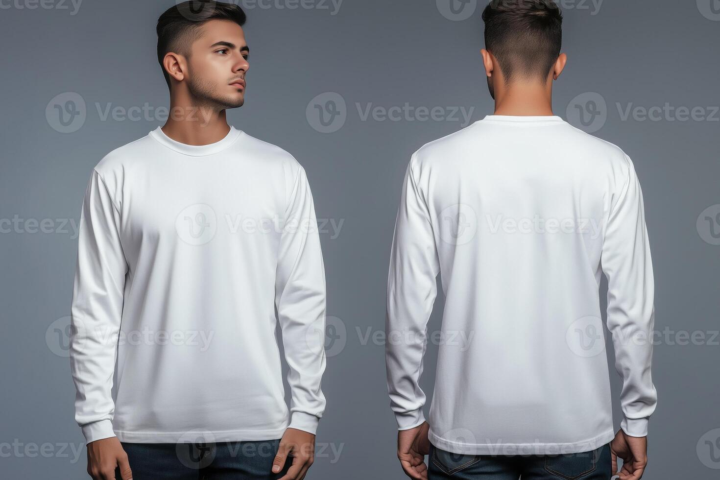 Two men wearing white long sleeve t - shirts mock up photo