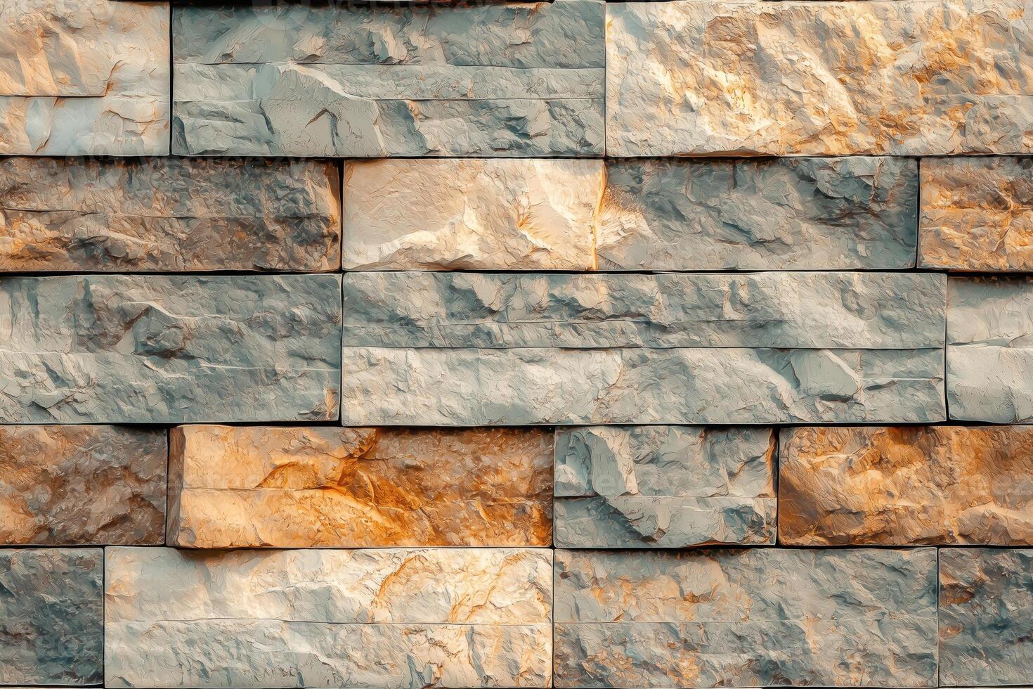 A textured wall made of stacked artesia stone cladding blocks in various shades of gray and orange. The stones are unevenly shaped, creating a natural and rustic appearance. photo