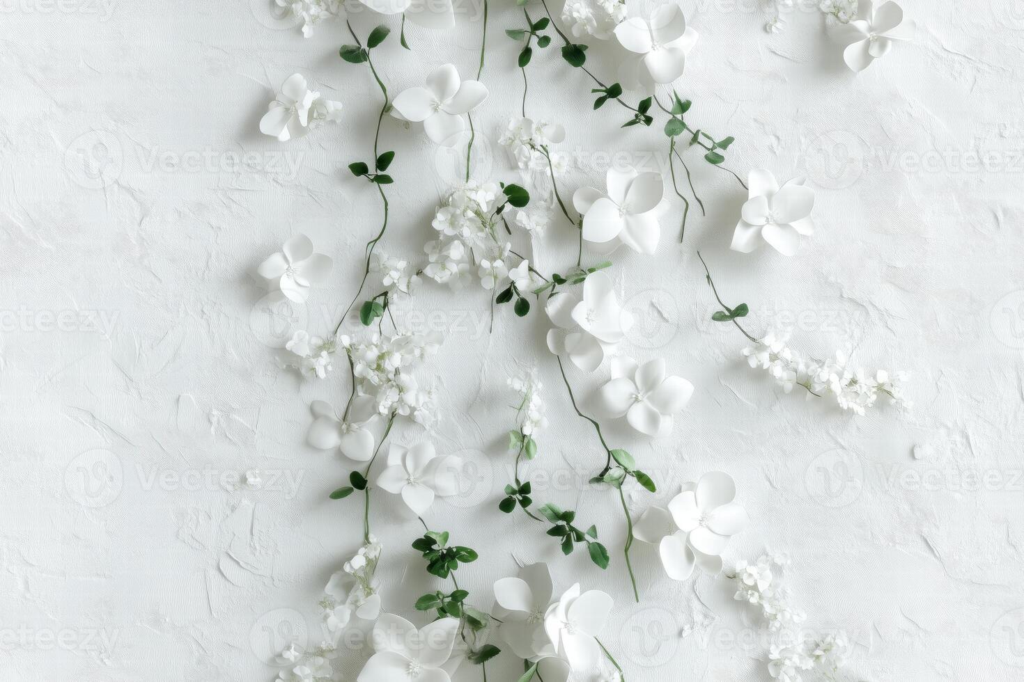 Seamless beautiful arrangement of white flowers and greenery on a textured white background, creating a serene and elegant atmosphere. Wedding texture background. photo