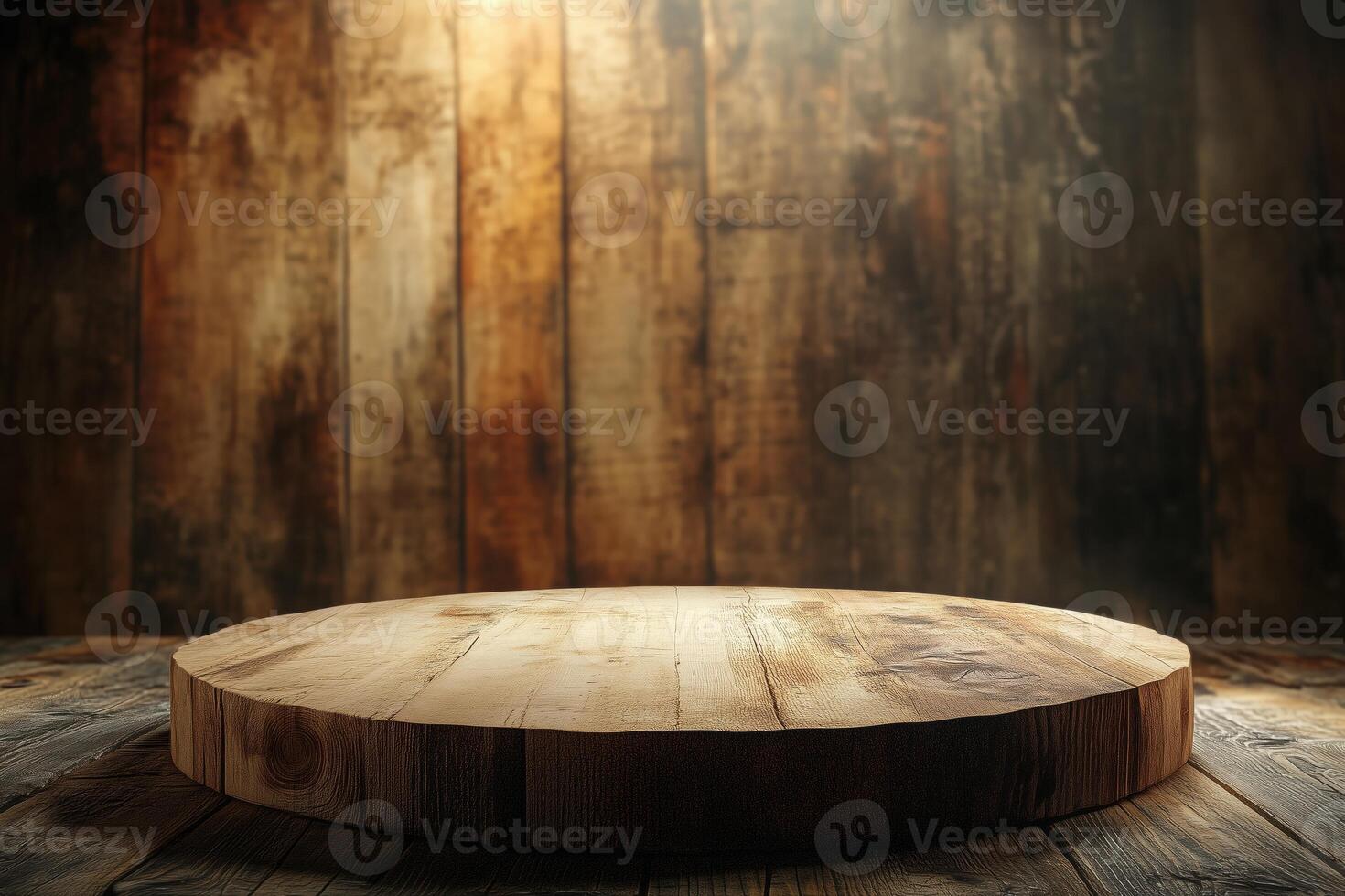A wooden round platform stage for product on a rustic wooden surface, illuminated by soft light, creating a warm and inviting atmosphere. The background features textured wooden planks. photo