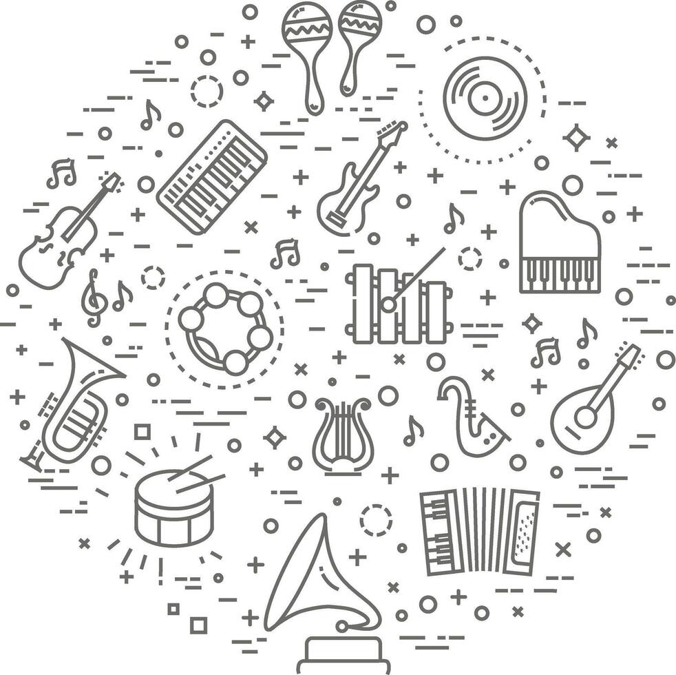 music concept illustration, thin line, flat design vector