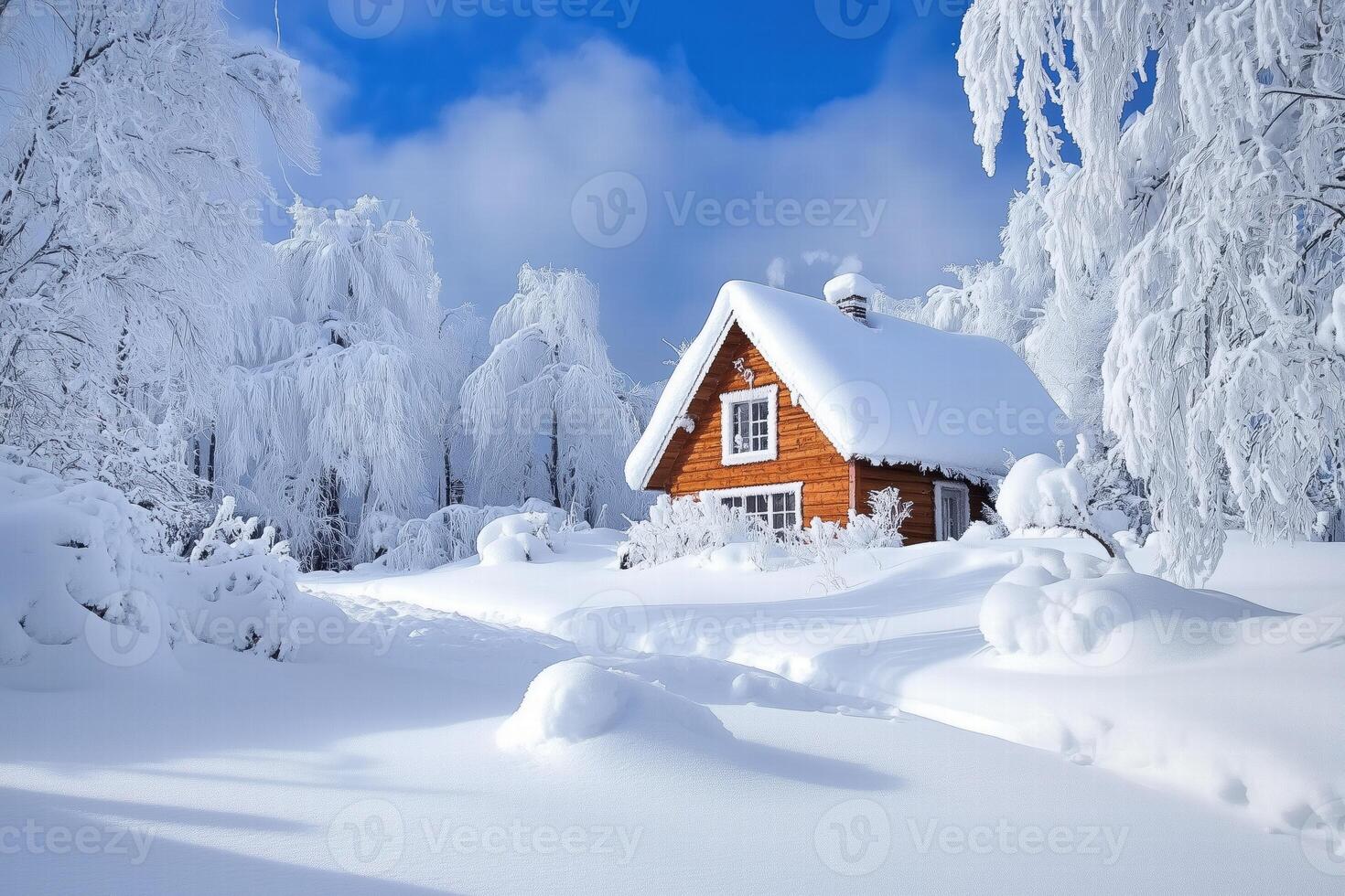 A cozy wooden Saltbox style house cabin surrounded by a winter wonderland of snow-covered trees and a bright blue sky. The scene captures the tranquility of a snowy landscape with fluffy white snow. photo