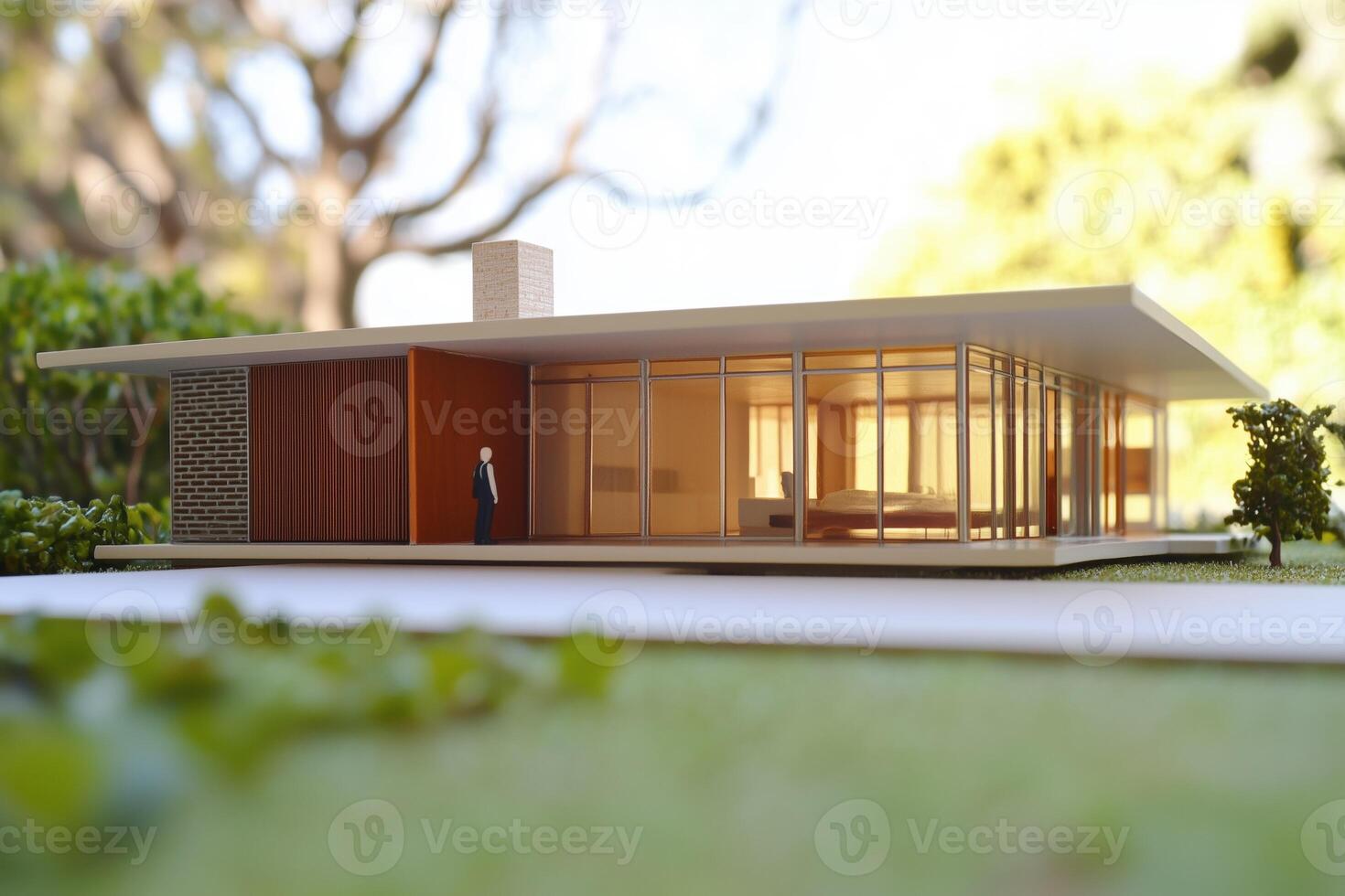 A scale model of a Midcentury Modern house style featuring large glass windows, a flat roof, and a minimalist design. The model is set in a green outdoor environment with trees in the background. photo