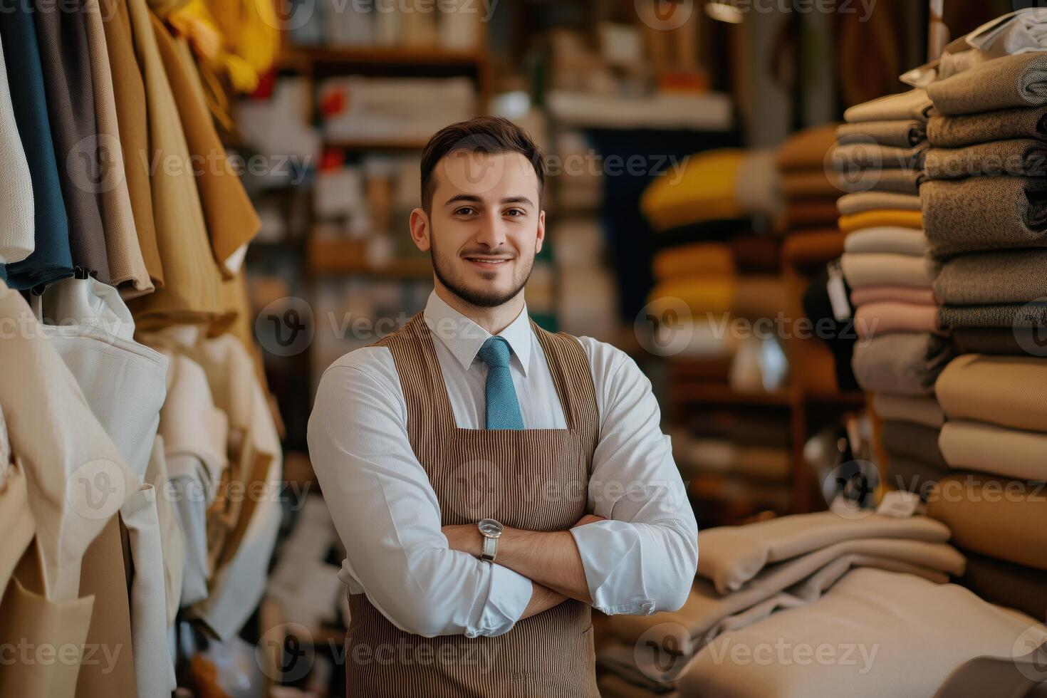 A man in an apron standing in front of a store full of fabric photo