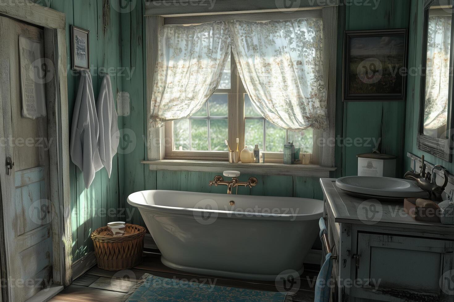 A cozy cape cod bathroom featuring a vintage freestanding bathtub, wooden walls painted in teal, and a window with lace curtains. Soft light filters through, illuminating towels and toiletries. photo