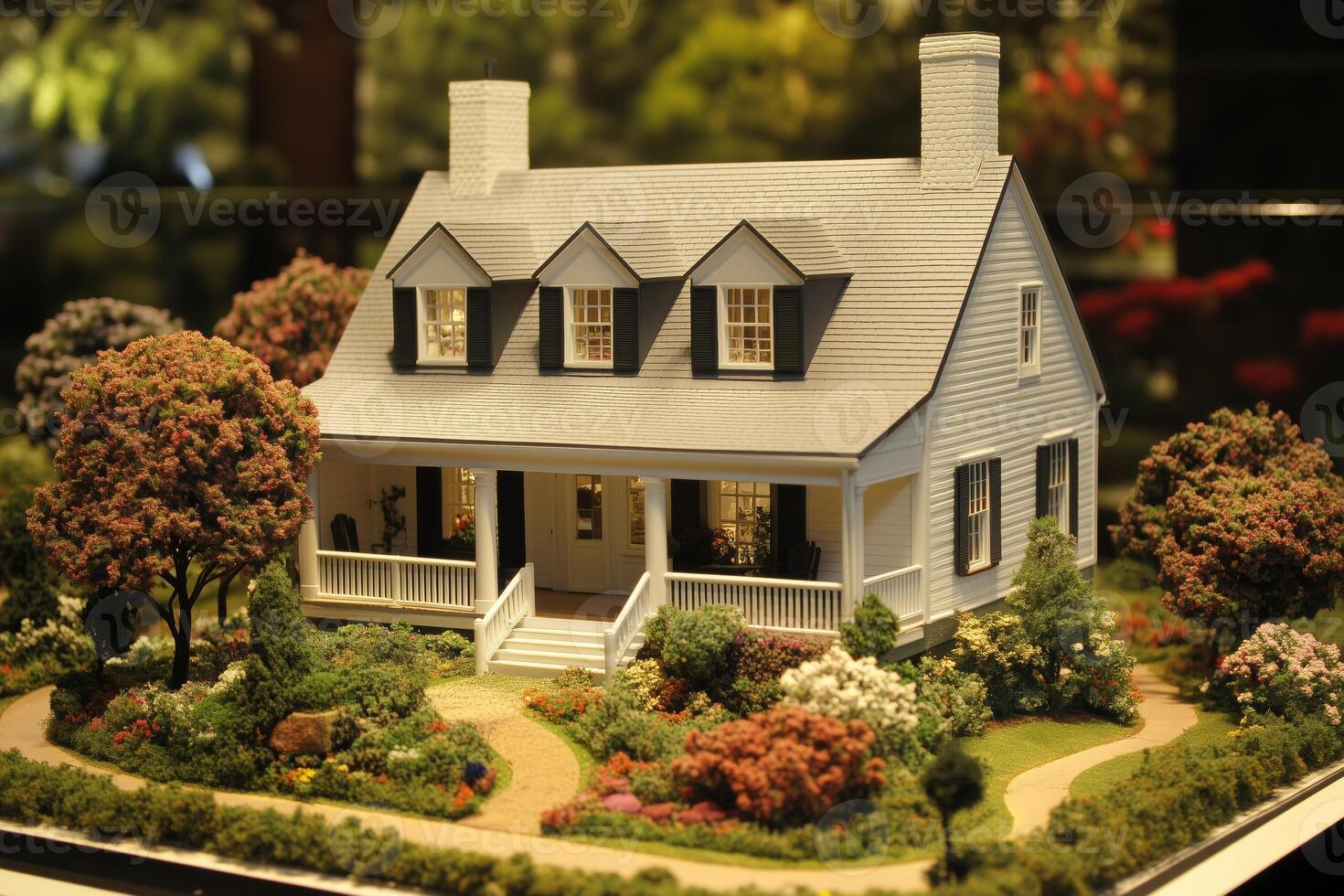 A detailed miniature model of a white cape cod house with a porch, surrounded by a lush garden with various trees and shrubs. photo