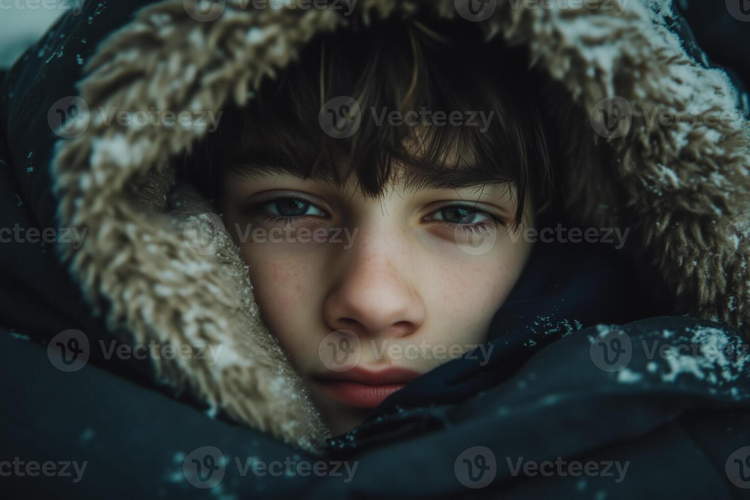 A young boy is wrapped up in a coat photo