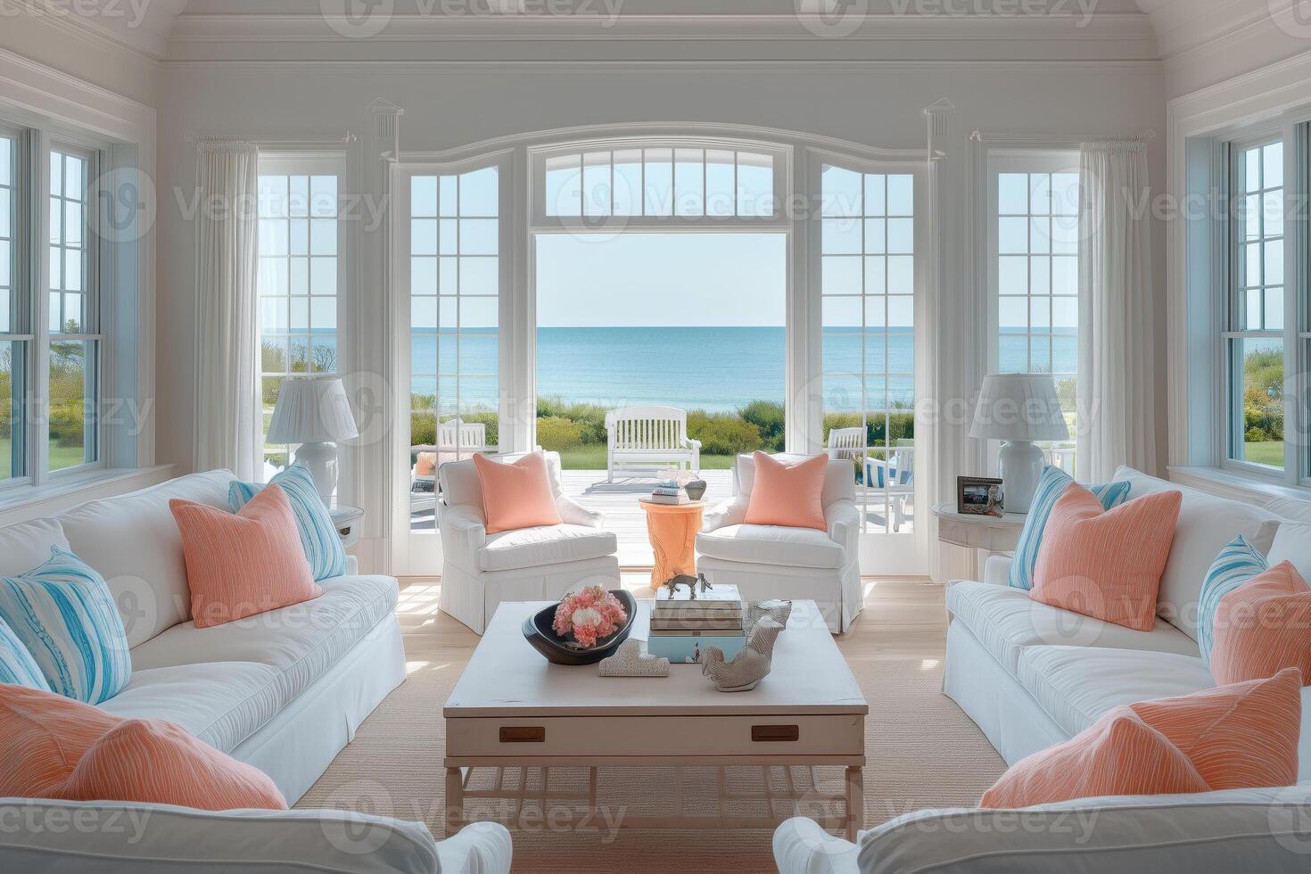 Bright coastal cape cod living room with ocean view, featuring white sofas, coral pillows, and large windows. photo