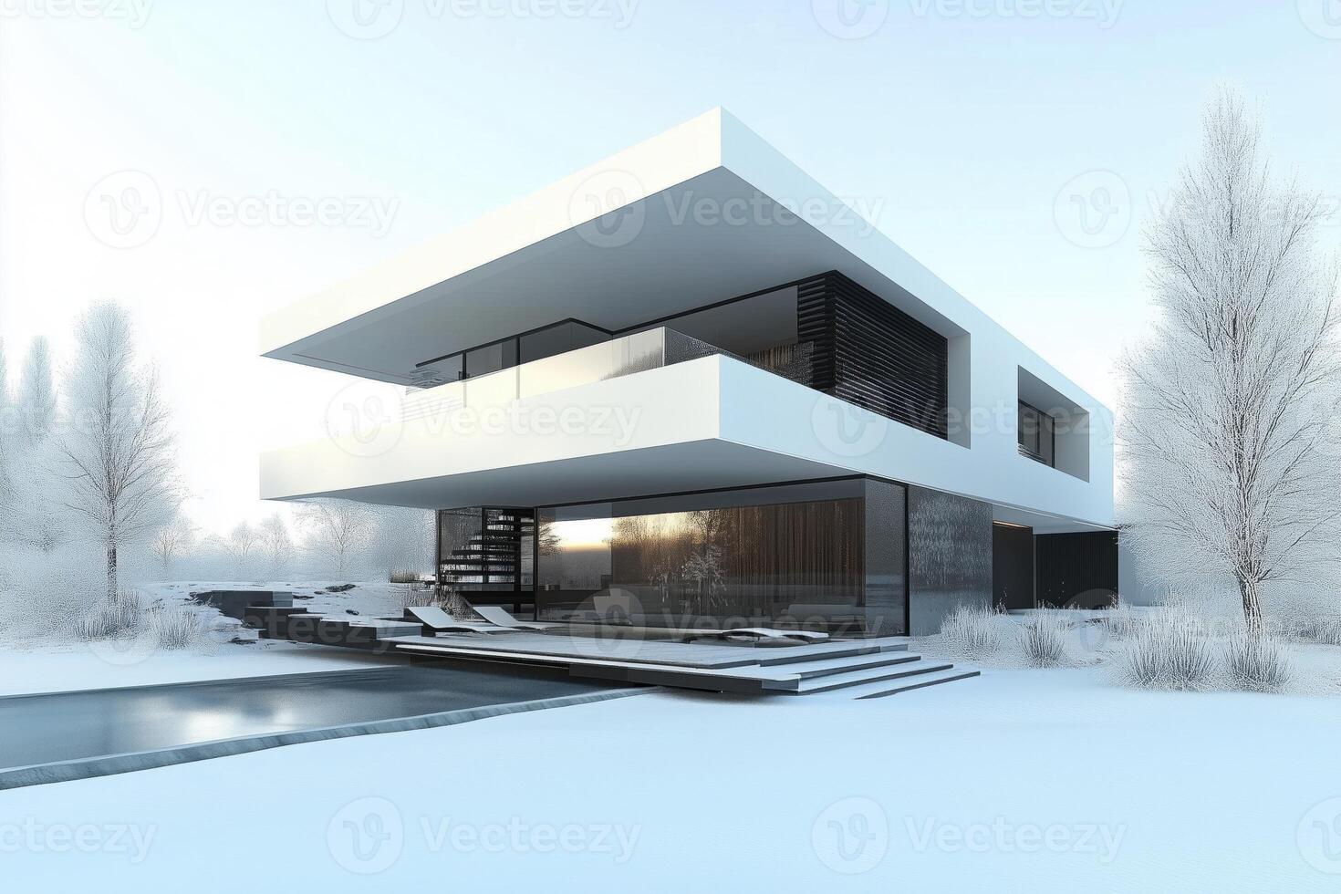 A modern, minimalist house with a flat roof and large glass windows, surrounded by a snowy landscape. The house features a sleek design with a pool in front and trees in the background. photo