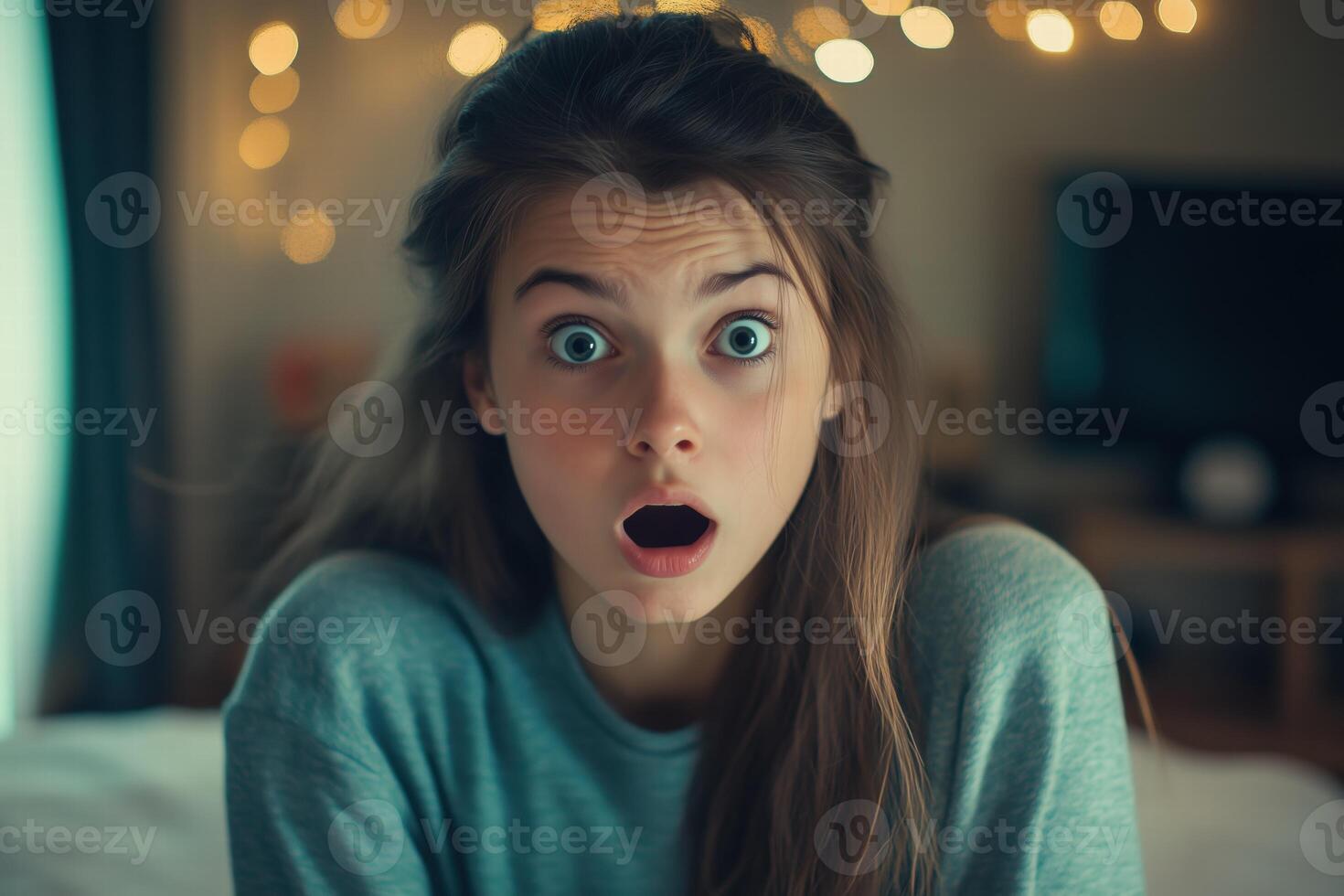A woman is looking surprised while sitting on a bed photo