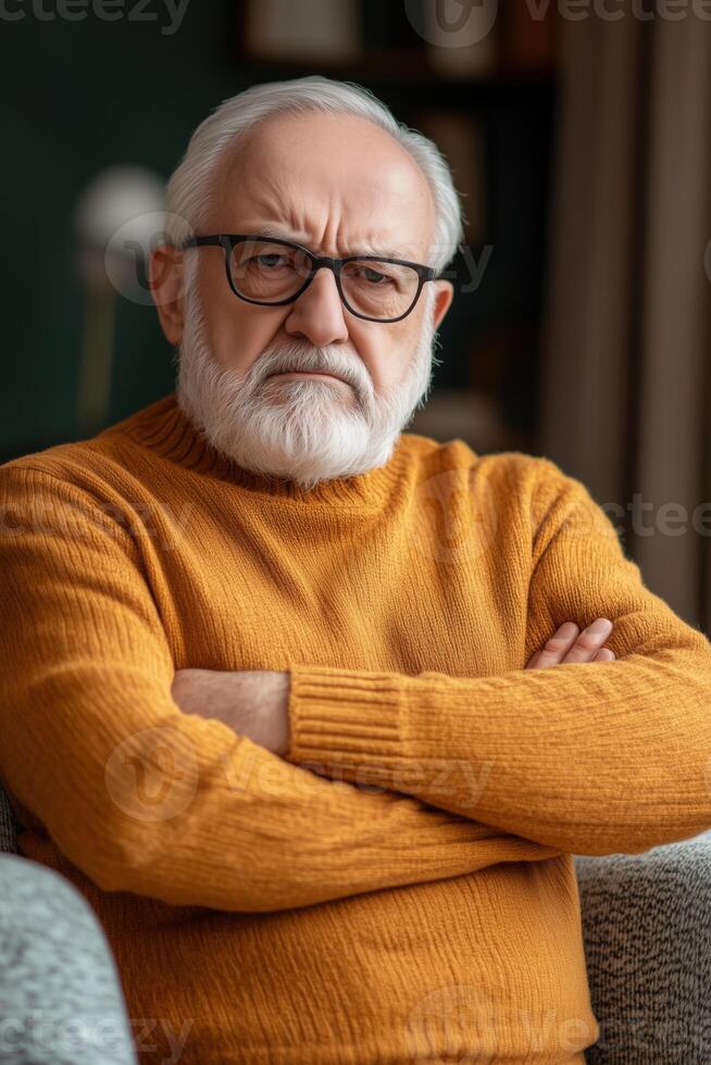 An older man with glasses and a beard sitting on a couch photo