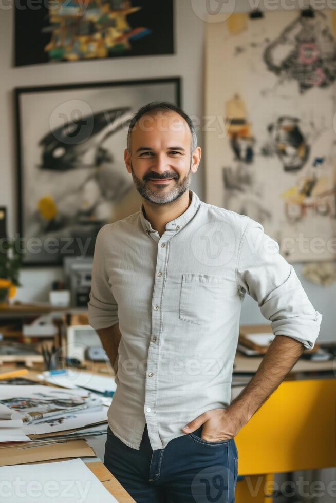 A man standing in front of a desk with art on the wall photo