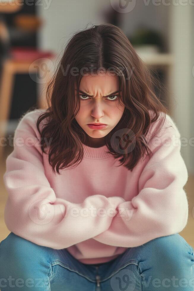 A young woman with long brown hair, wearing a pink sweater, sits with her arms crossed and a serious expression. She appears frustrated or angry, with a focused gaze. photo