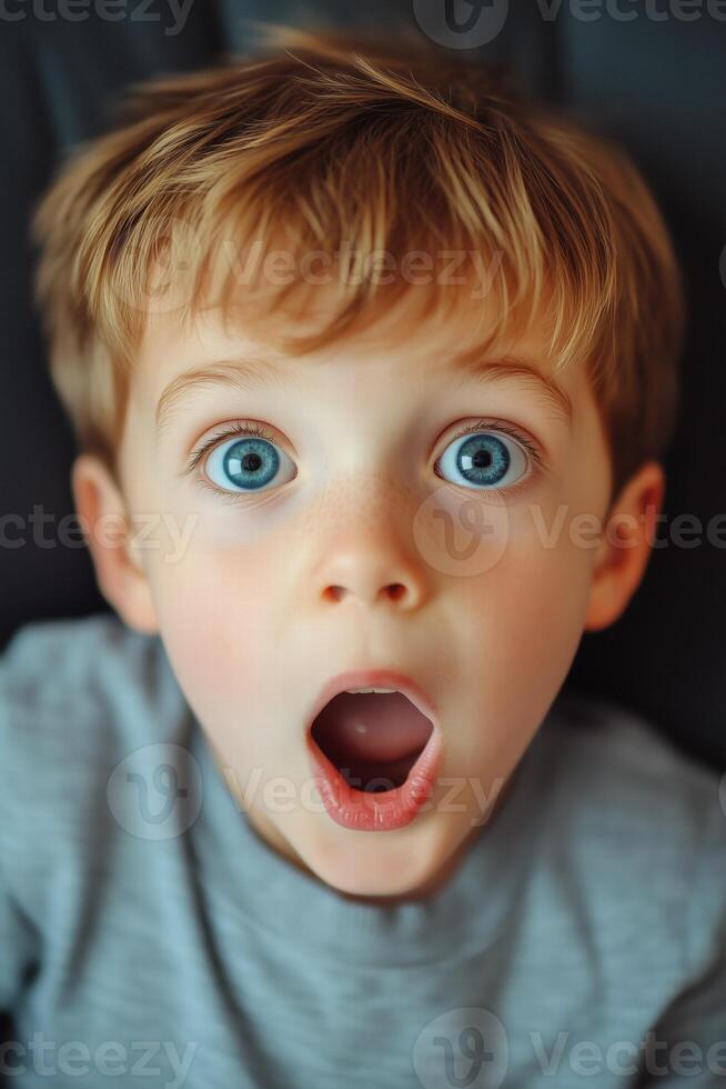 A young boy with his mouth open and a shocked expression photo