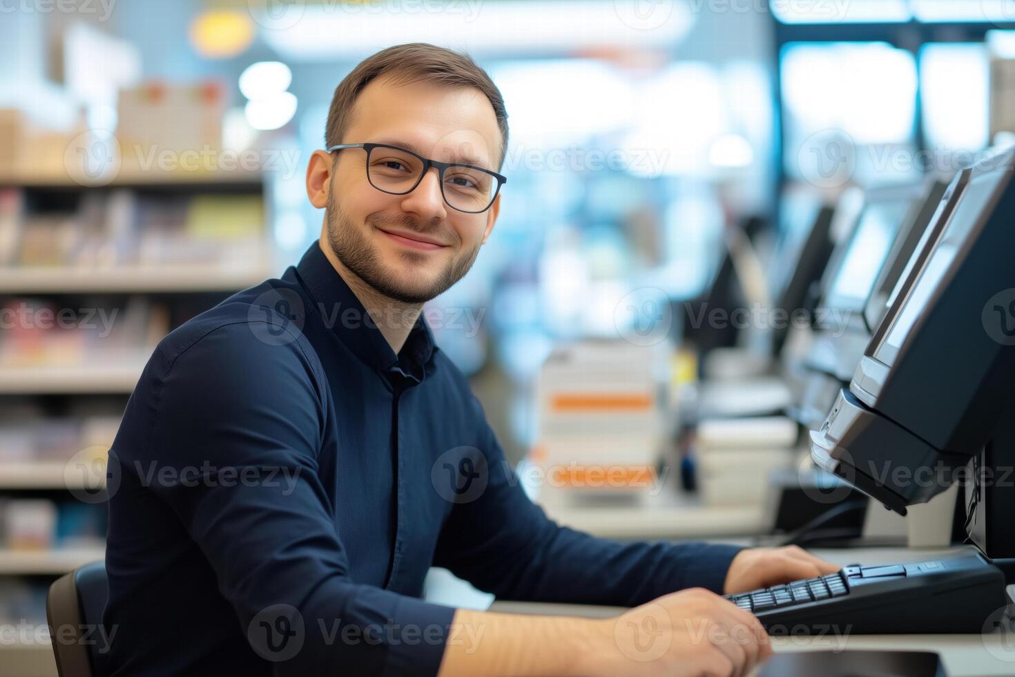 A man in glasses is sitting at a desk in front of a computer photo